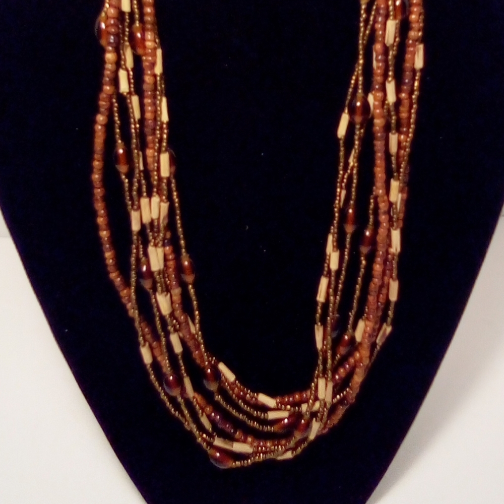 Fashion Necklace Brown Beads Boho Hippie Office Multi Strand Lobster Claw Clasp - Picture 5 of 8